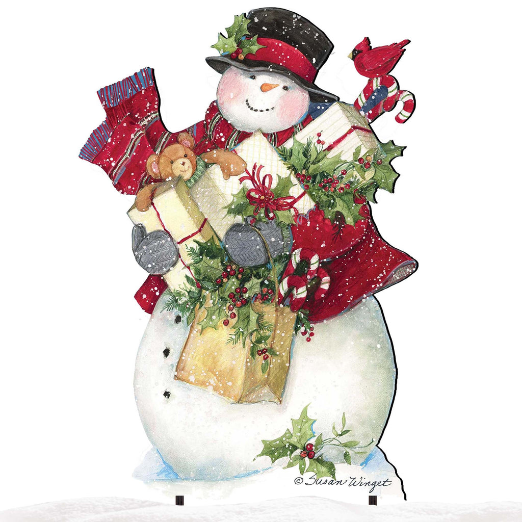 Full view Christmas yard decoration sign of a snowman carrying gifts and holiday greenery