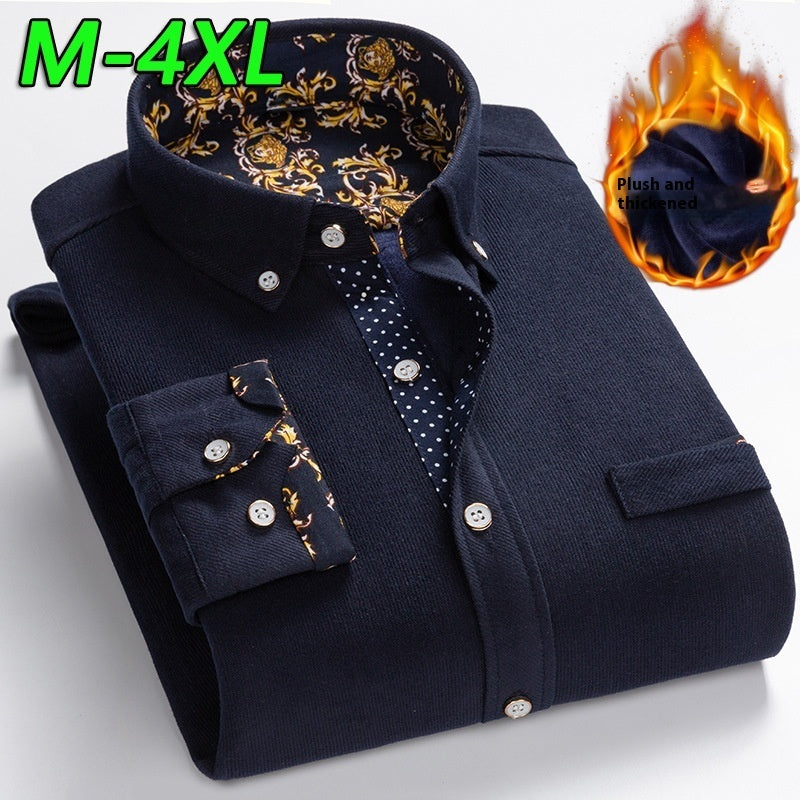 Men's corduroy fleece warm shirt in navy blue, button-up with chest pockets and patterned inner placket