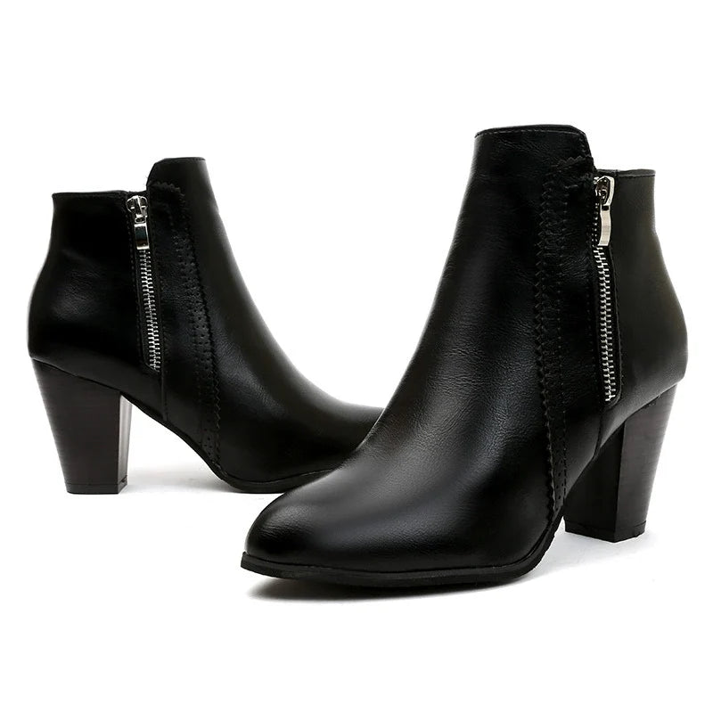 Black PU leather block heel ankle boots with side zipper and smooth ankle shaft