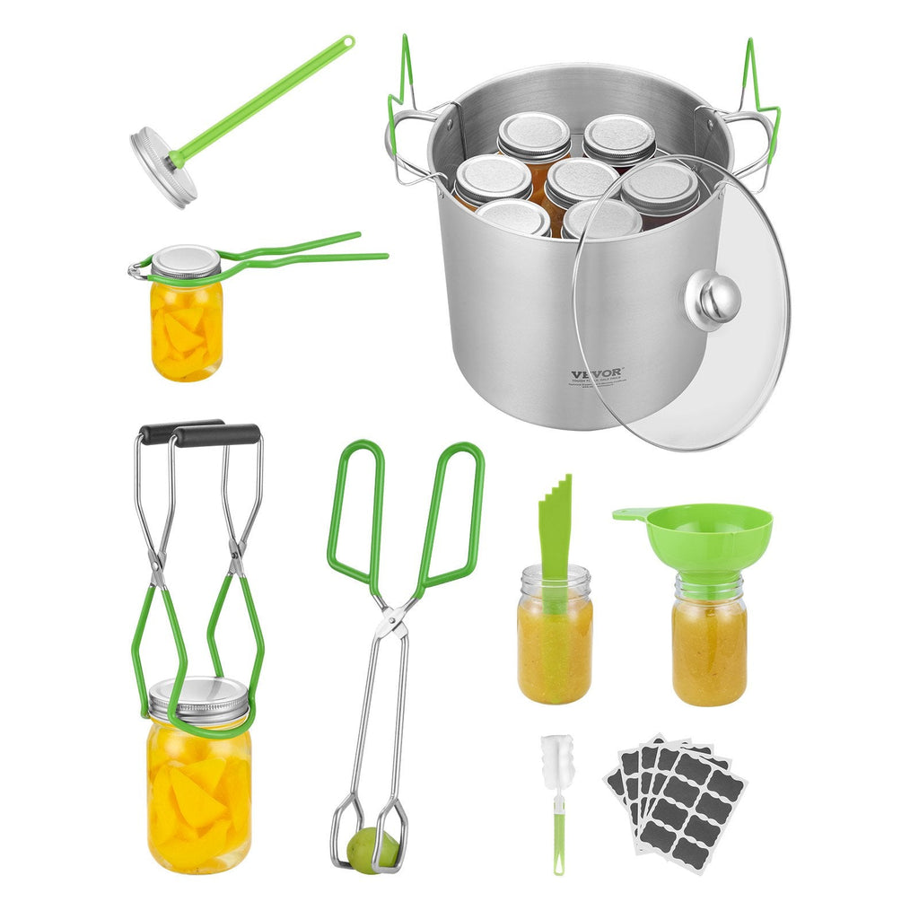 Stainless steel canning pot with lid and green-handled starter kit tools