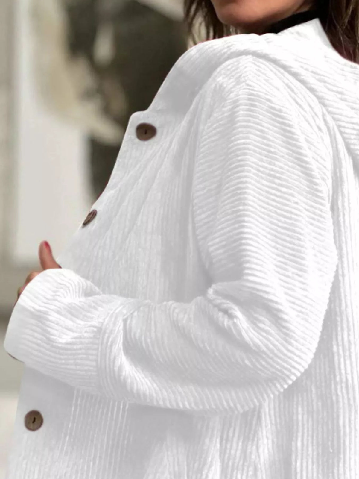 Plus-size corduroy hooded button-up jacket, white, hood and button placket detail