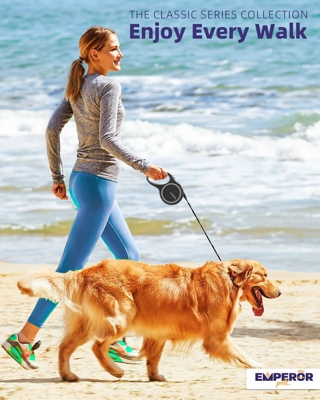 Gray retractable dog leash held by a woman walking a dog