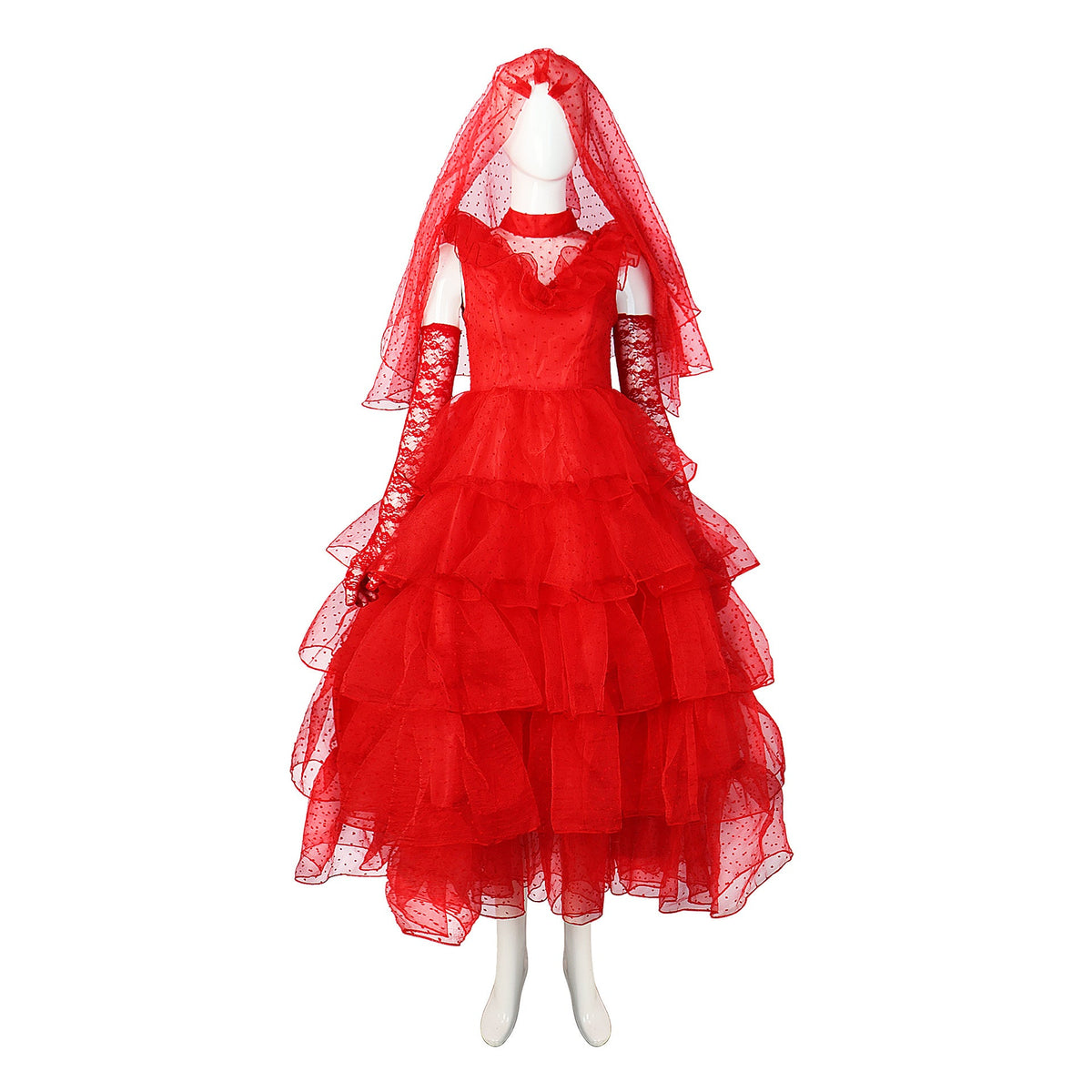 Red tulle ruffle wedding-style costume dress with mesh veil and sheer sleeves