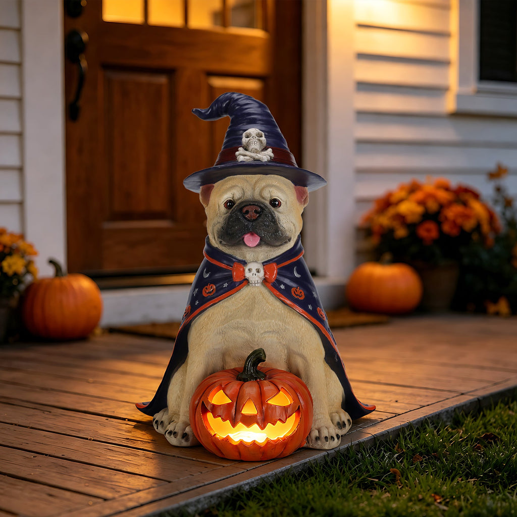 Bulldog witch Halloween statue with glowing orange jack-o-lantern and purple-black hat