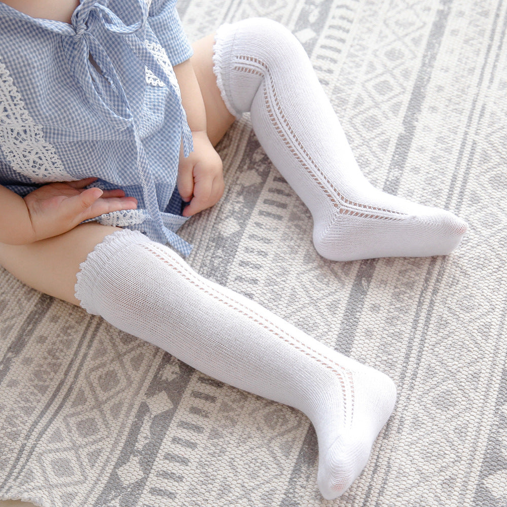 Baby long tube socks, white/bleached, ribbed cuff with side stitched detail