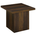 Dark pine engineered wood square side table with flat tabletop and straight edges