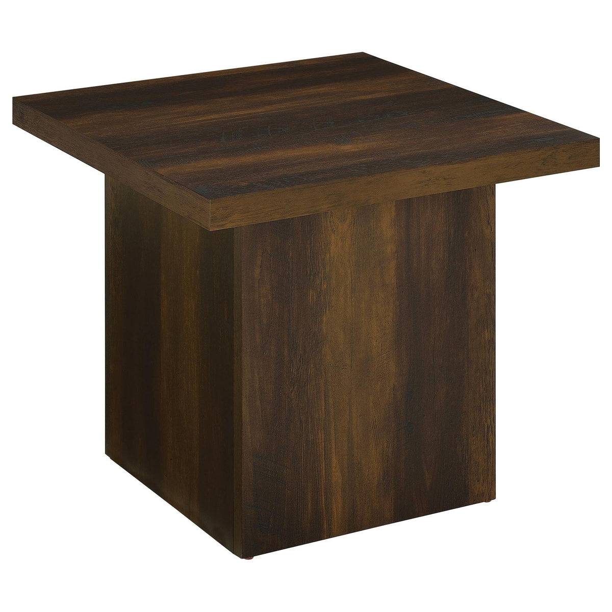 Dark pine engineered wood square side table with flat tabletop and straight edges