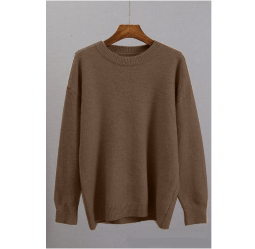 Dark brown knitted crew-neck loose sweater with long sleeves and ribbed hem and cuffs