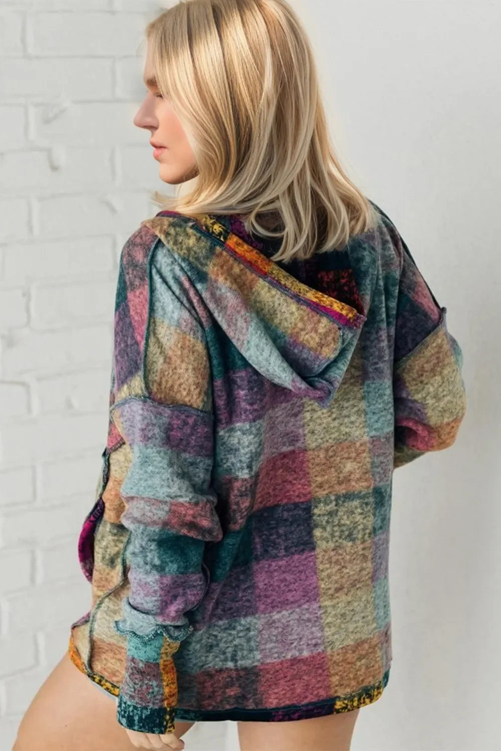 Multicolored plaid fleece hoodie with back hood and long sleeves