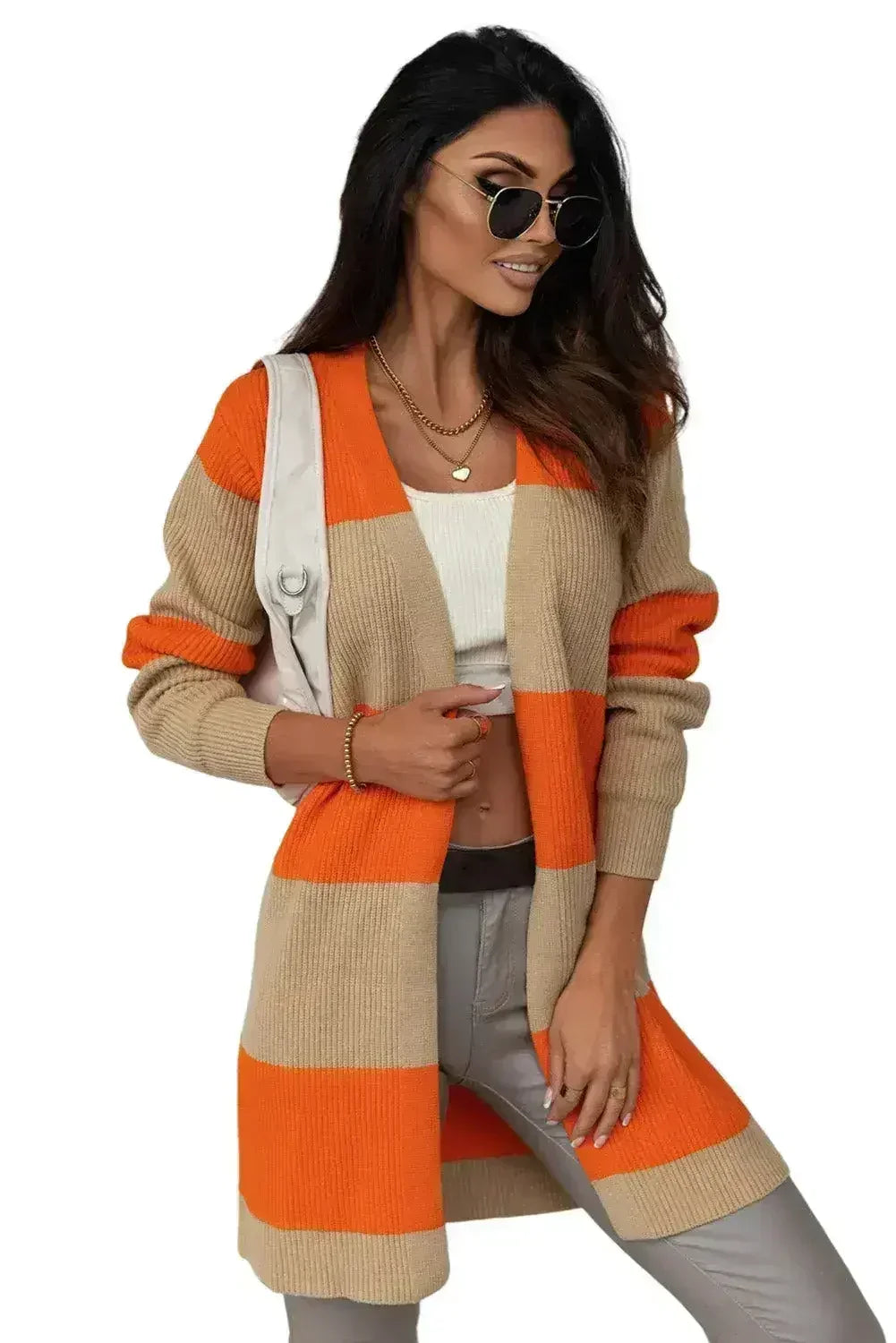 Long ribbed knit cardigan with wide orange and beige colorblock panels
