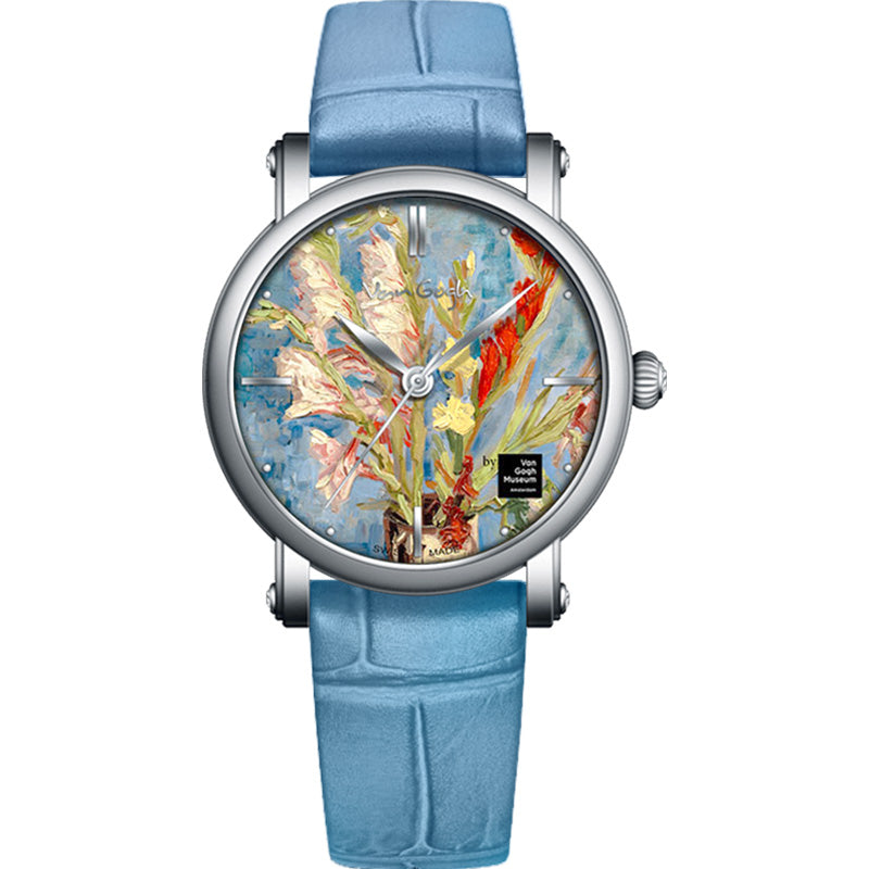 Women’s quartz wristwatch with Van Gogh-style multicolor dial, silver case, blue leather strap
