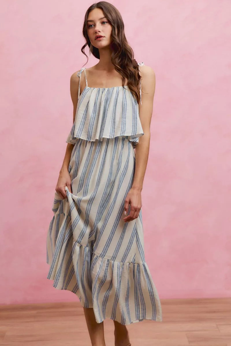 Blue-and-white striped tiered midi dress with ruffle bodice and tiered skirt