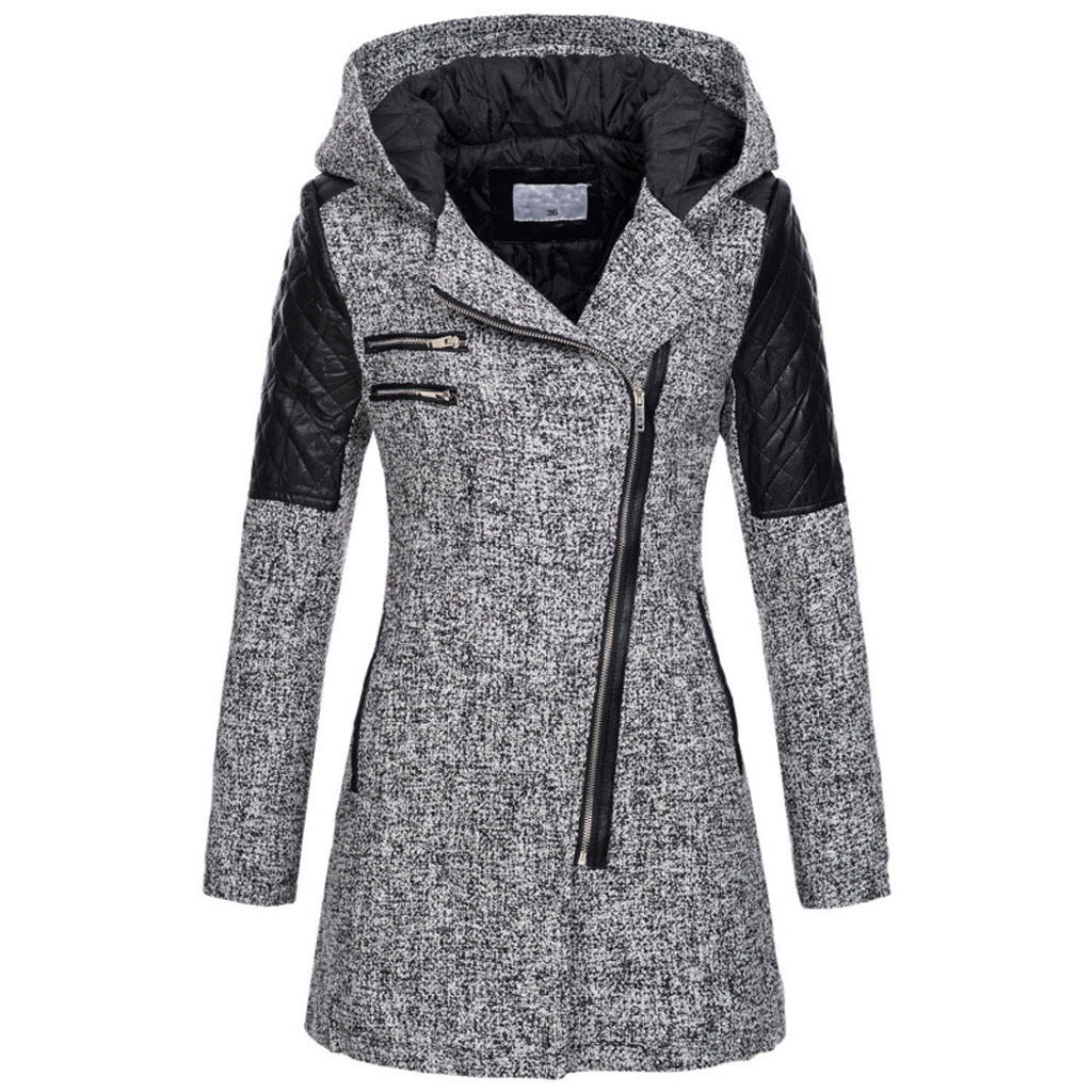Women’s wool coat with hood, quilted sleeves, diagonal full zip, light gray melange finish