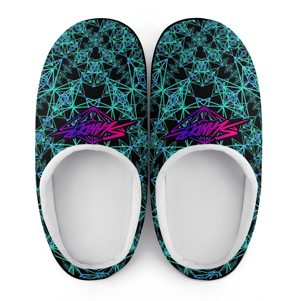 Pair of teal cotton slip-on slippers with purple graphic pattern and white interior.