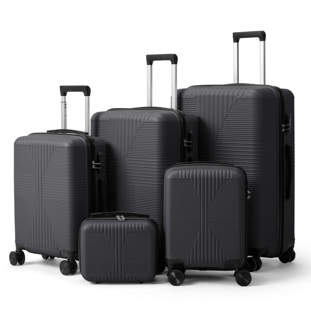 Lightweight 5-piece dark luggage set with telescoping handles, locks, and spinner wheels