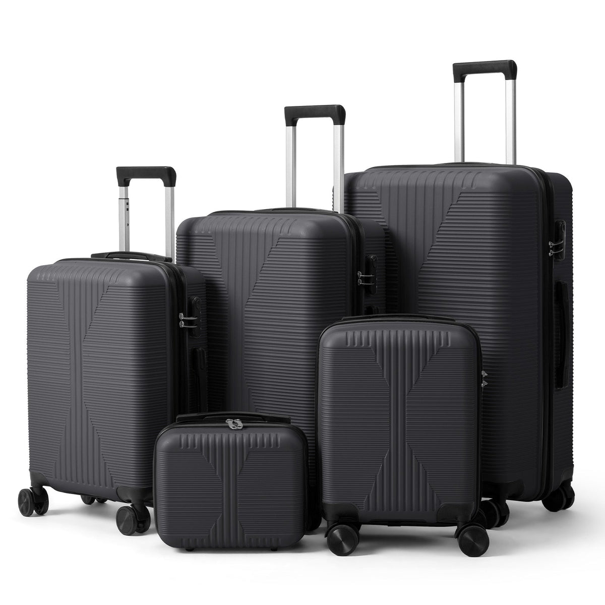 Lightweight 5-piece dark luggage set with telescoping handles, locks, and spinner wheels