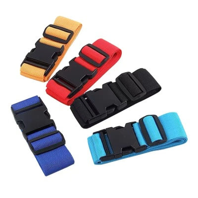 Set of adjustable luggage straps with locking buckles in multiple colors: tan, red, blue