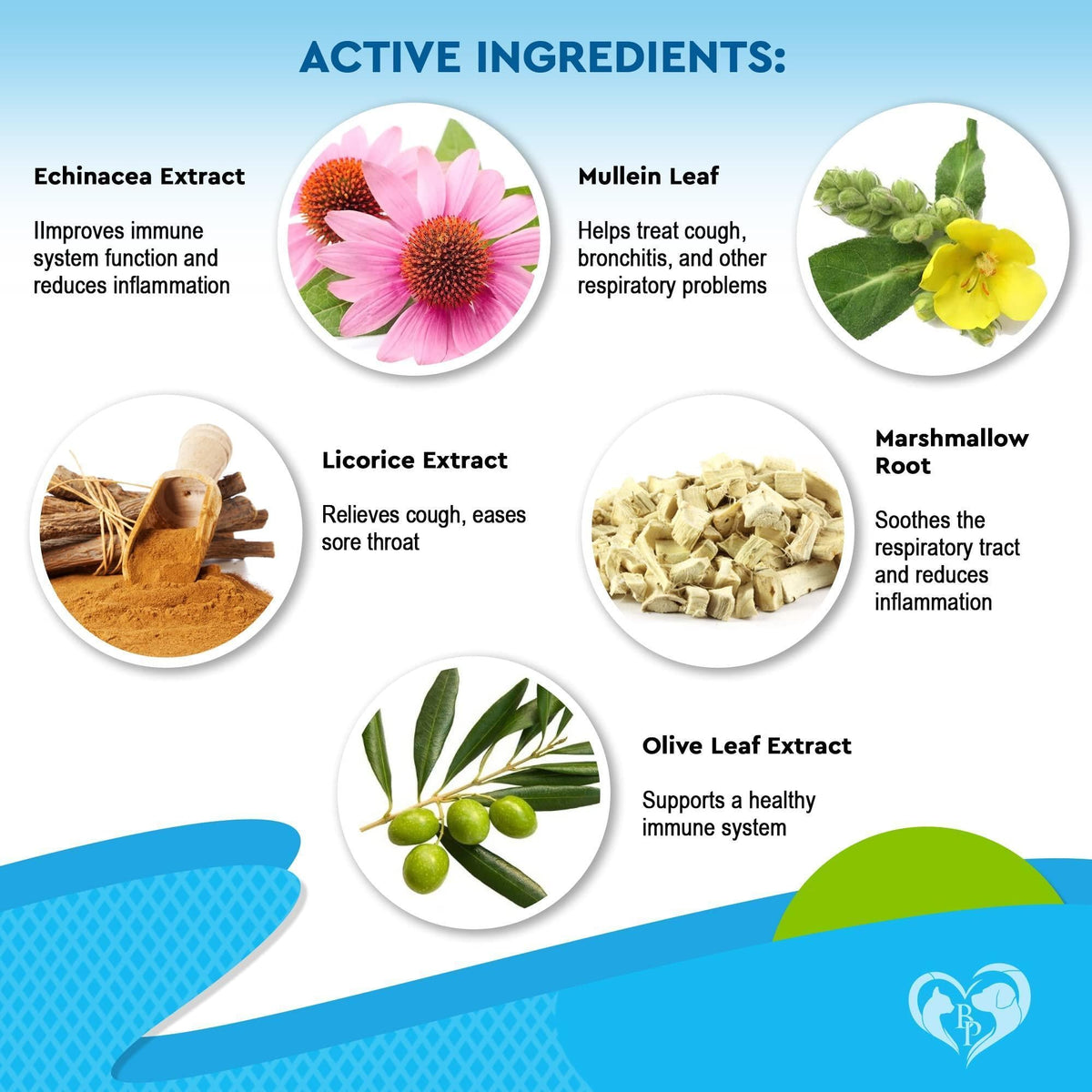 Pet cough supplement active ingredients diagram with labeled herb circles