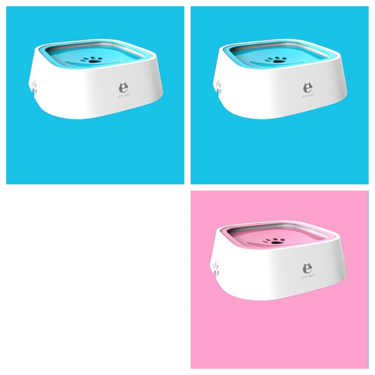 Pet water bowl with floating slow-feed tray, anti-overflow design, white with blue and pink inserts