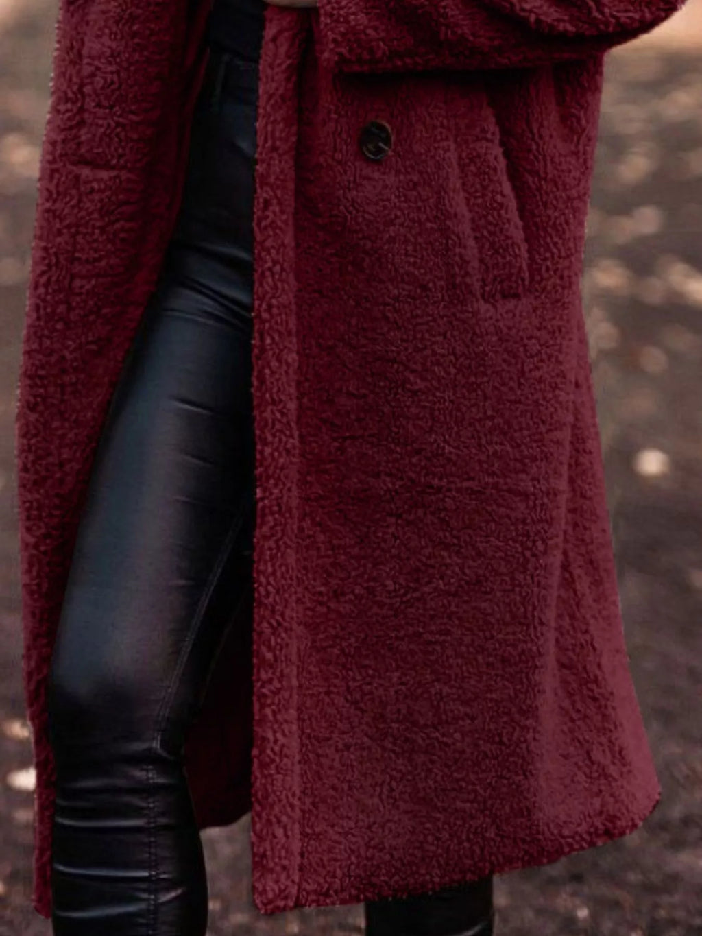 Burgundy longline teddy-fleece coat with button front and midi hem