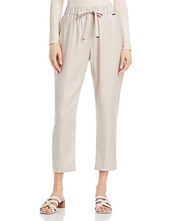 Beige pull-on linen-blend pants with drawstring and elastic waist, tapered cropped legs