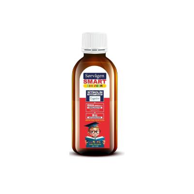 Kids liquid citicoline supplement bottle, amber-brown with white cap