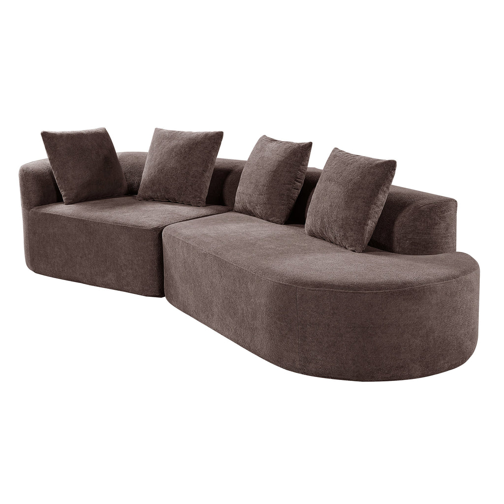 Brown curved sectional sofa with deep seat chaise and five cushioned backrests