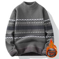 Men's mock-neck knit sweater, dark gray with cream and charcoal Fair Isle stripes
