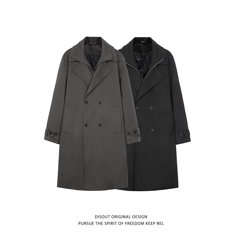 Gray and black double-breasted long trench coats with notched lapels and button fronts