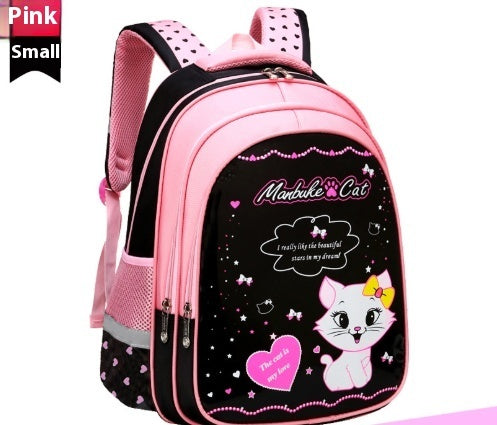 Small pink kids cat print backpack with black front panel, heart details, and top handle