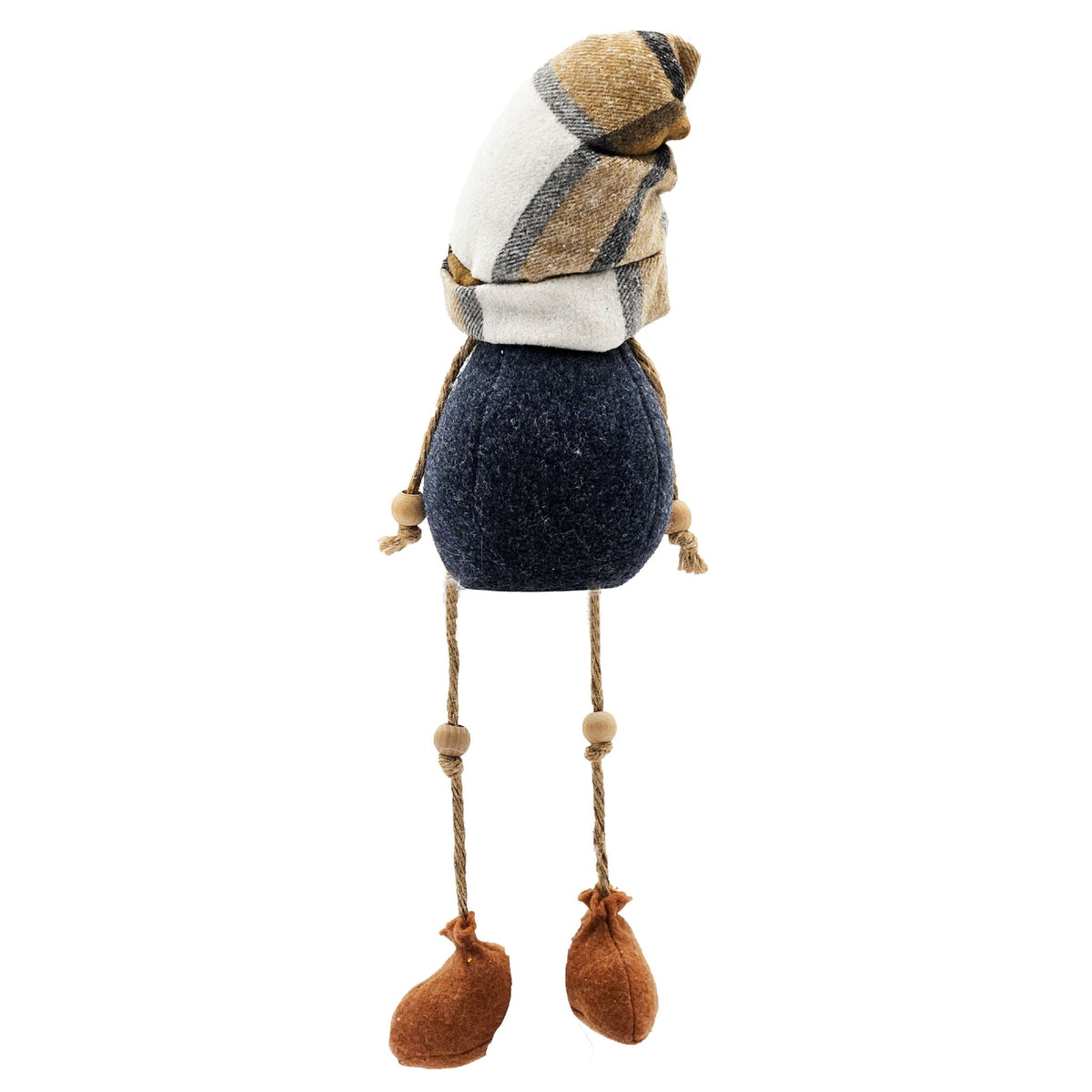 Side-view hanging gnome ornament with plaid hat, white beard, navy body, brown feet
