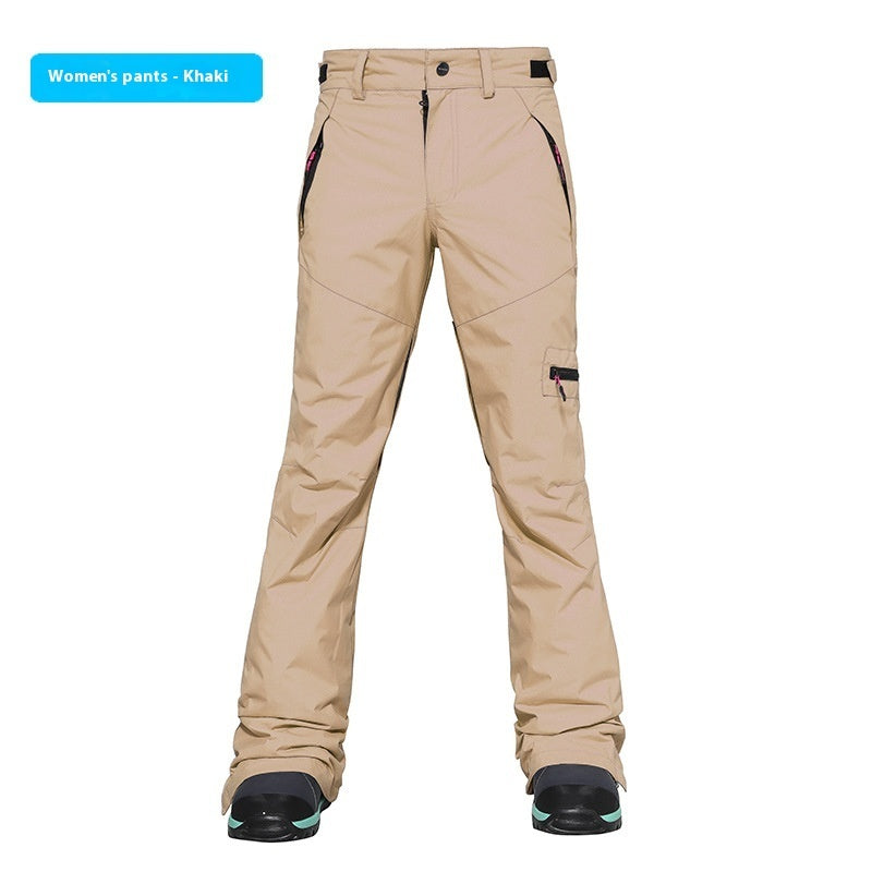 Women's ski pants in khaki, slim fit with cargo-style side pocket and snow cuff
