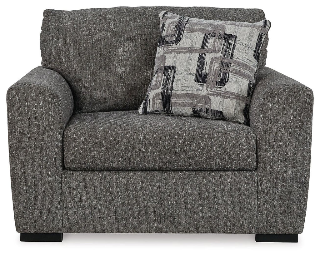 Pewter upholstered chair and a half with deep seat and back pillow