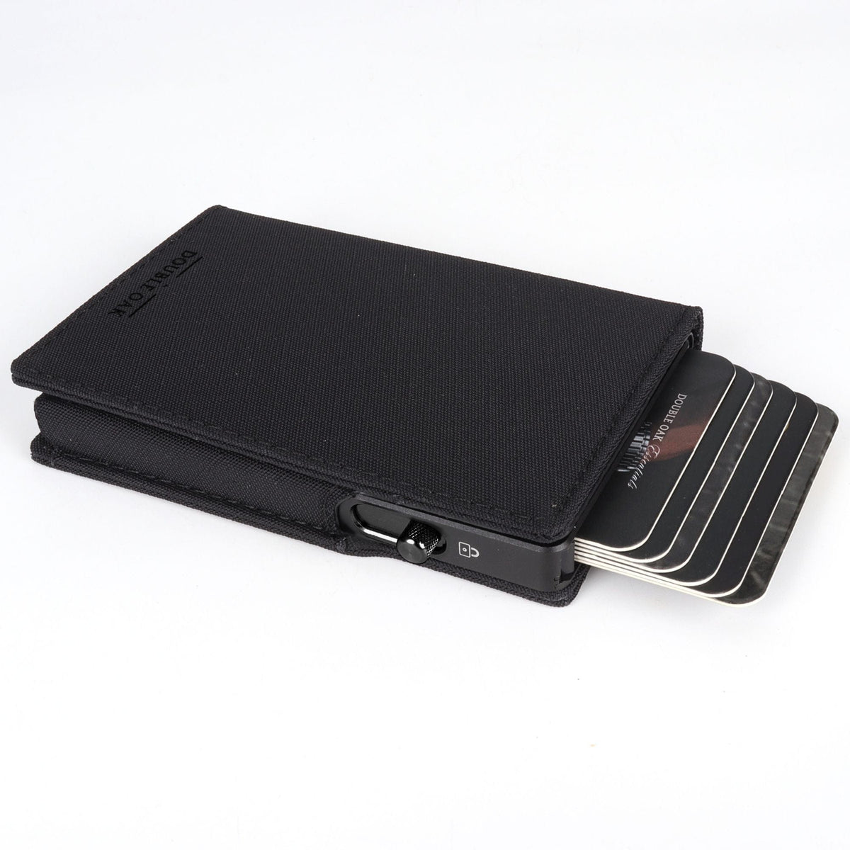 Black bifold wallet with stitched flap, card slots, and round metal snap clasp