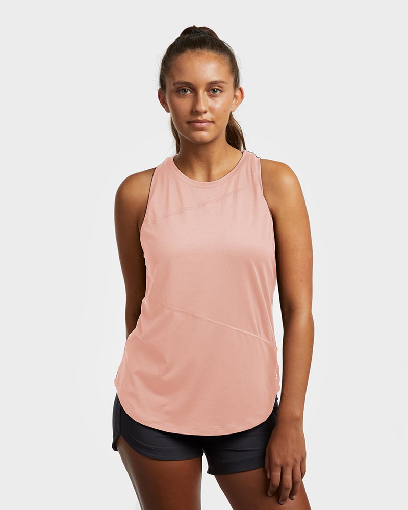Women's workout tank top, faded rose sleeveless athletic top with curved hem