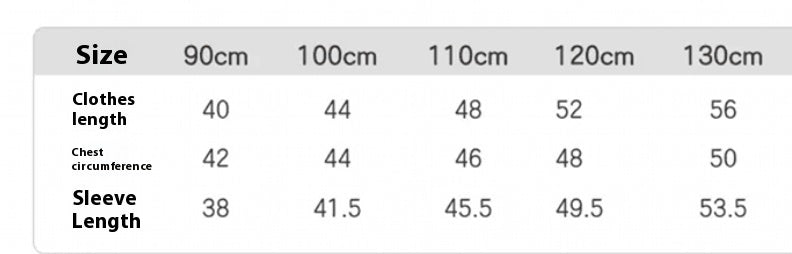 Baby winter jacket size chart table: clothes length and sleeve length by cm