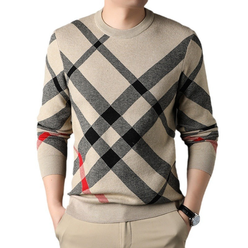 Men's casual sweater in khaki featuring black plaid pattern and red side stripe