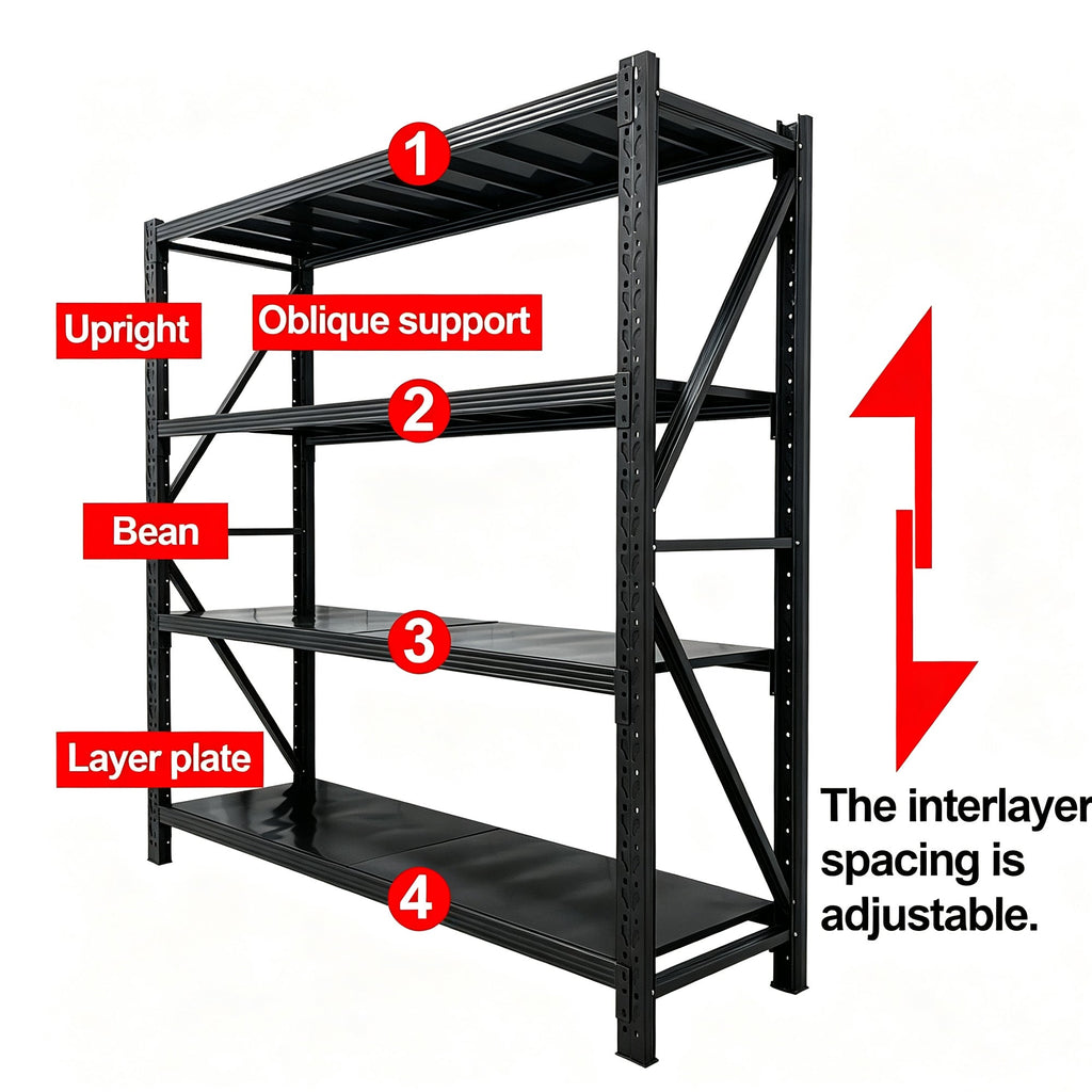 Black four-tier metal storage rack with adjustable shelf spacing and diagonal supports