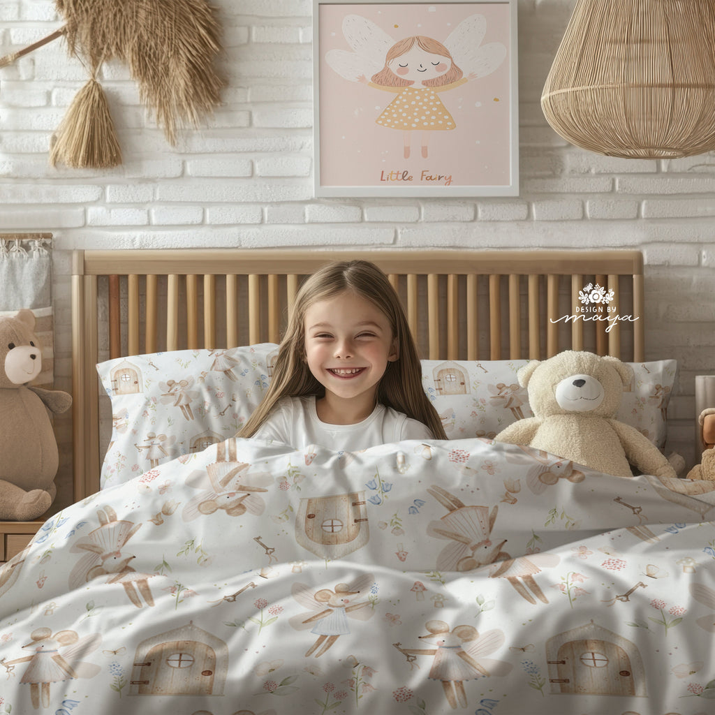 Kids' duvet cover in white with farm icons including animals and small buildings