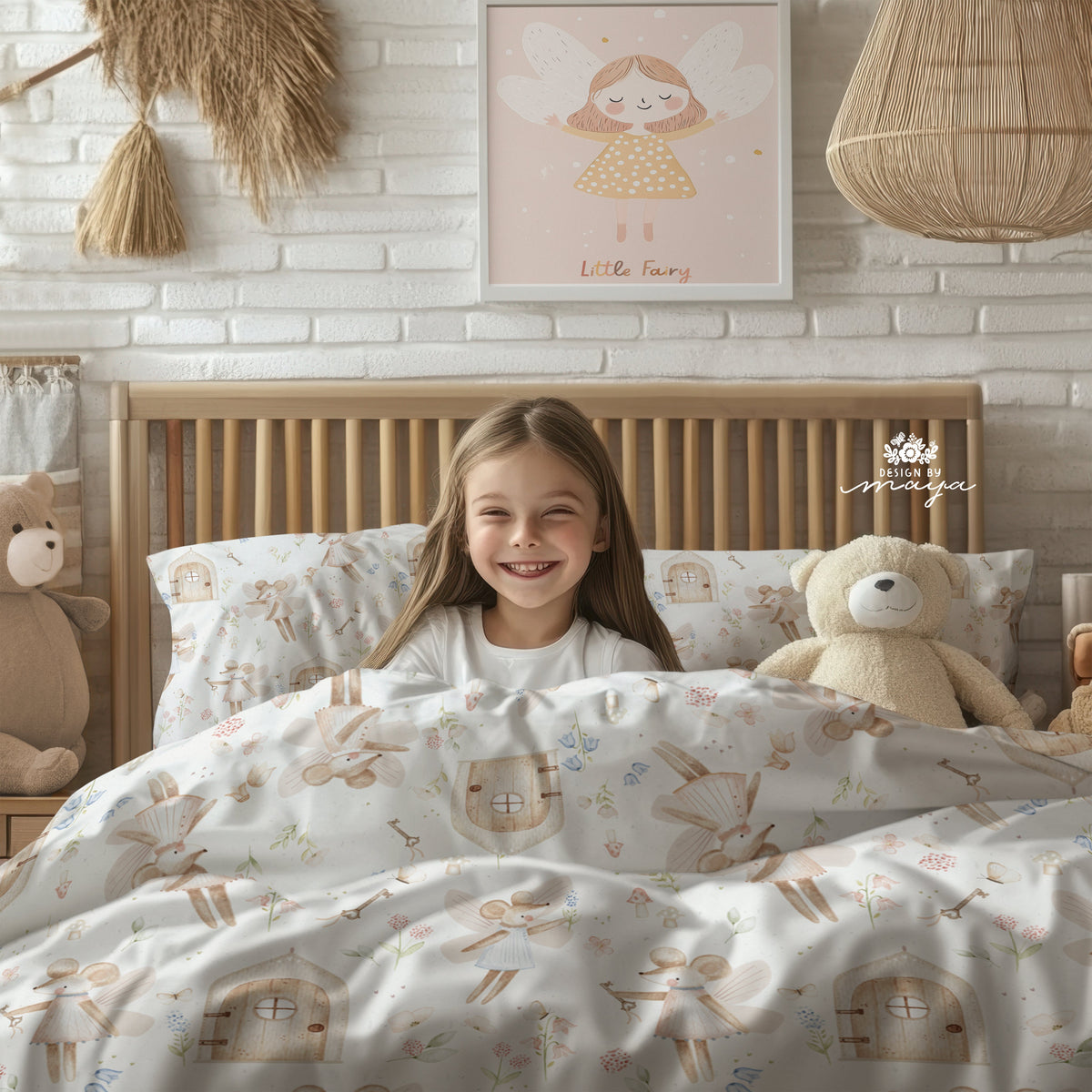 Kids' duvet cover in white with farm icons including animals and small buildings