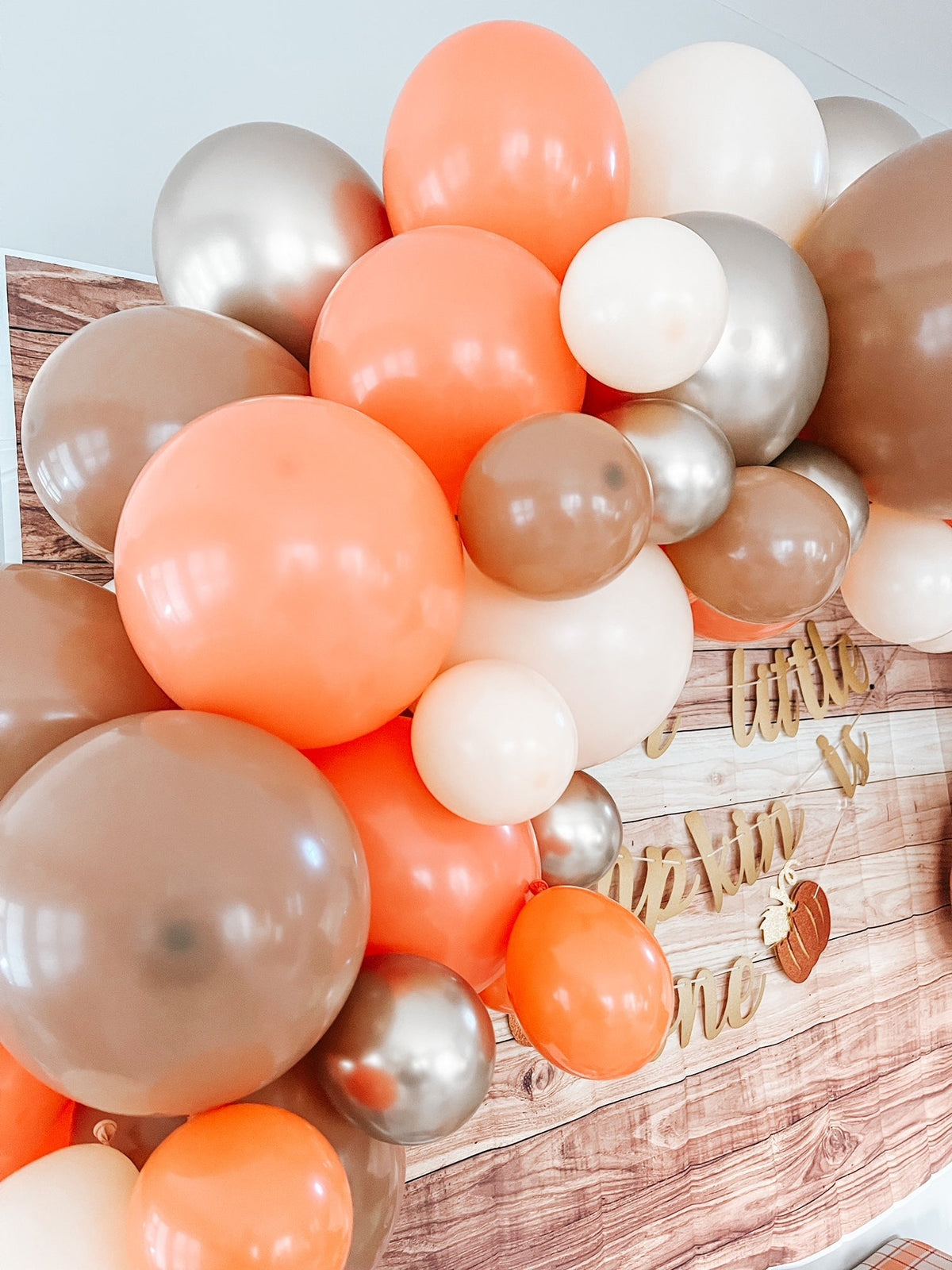 Woodland fall balloon garland kit with large orange, beige, silver and white balloons