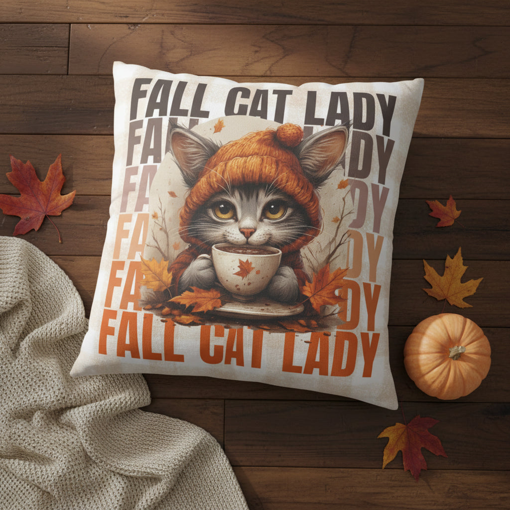 Tufted floor pillow with orange cat holding a cup, autumn leaf accents, white background
