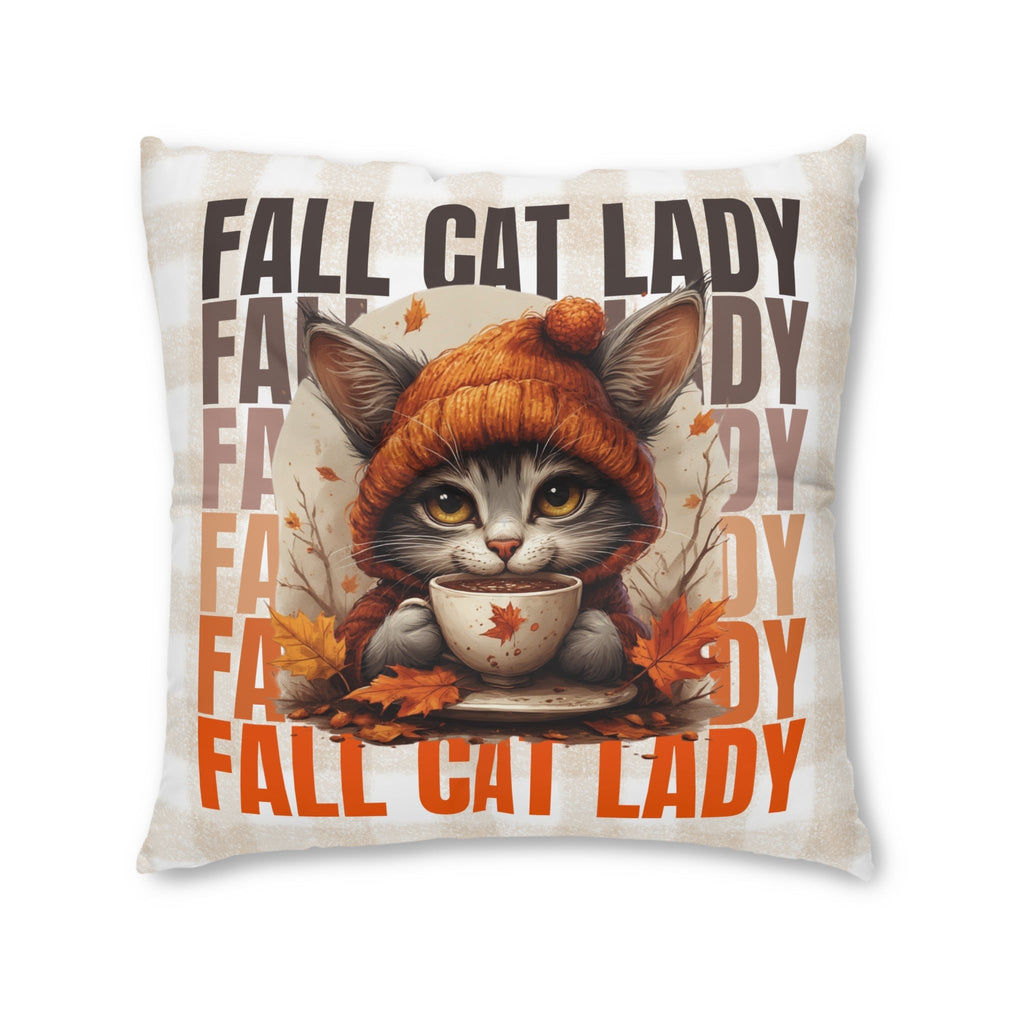 Tufted floor pillow, centered orange cat with cup and leaves, 'FALL CAT LADY' text