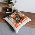 Tufted floor pillow, angled view, orange cat with cup and leaf accents, 'FALL CAT' text
