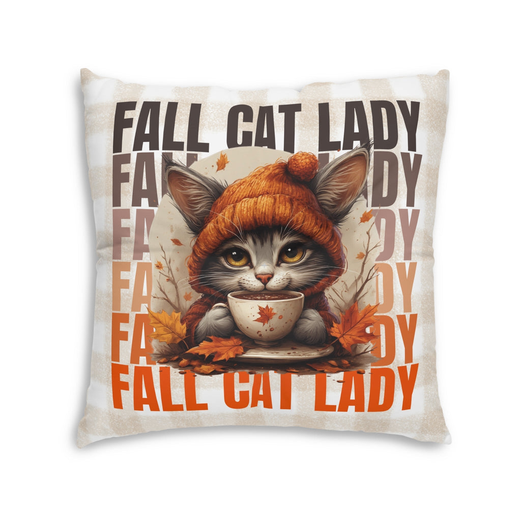 Tufted floor pillow with orange cat and cup, autumn leaf details, repeating fall text