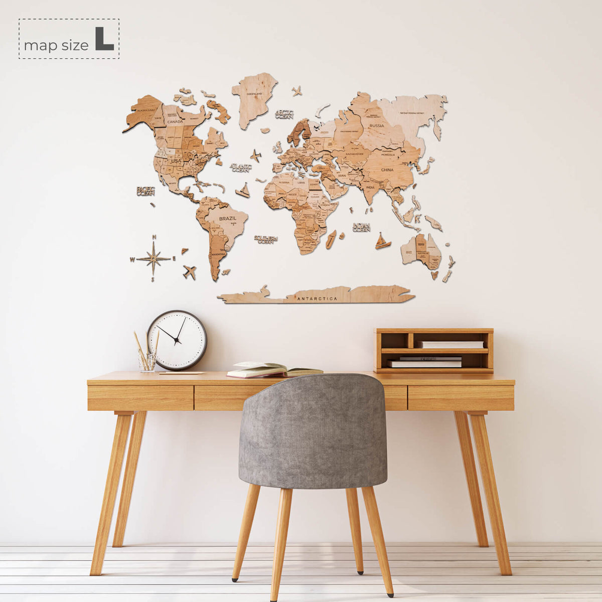 Wooden world map wall decor puzzle pieces, labeled regions across the globe