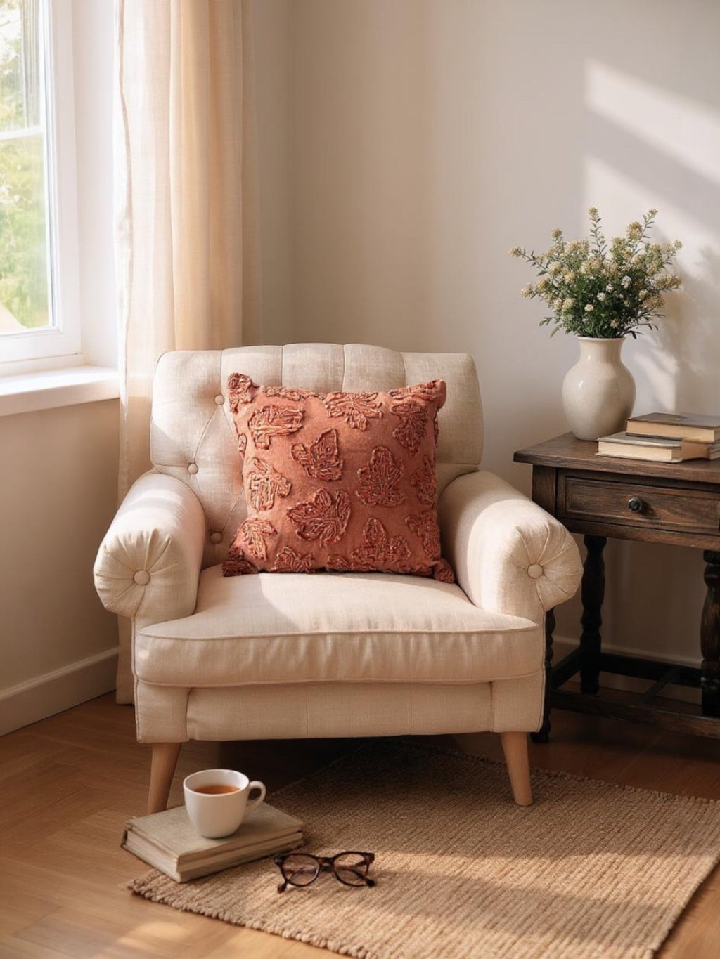 Orange stonewashed throw pillow with raised leaf embroidery, front view, square