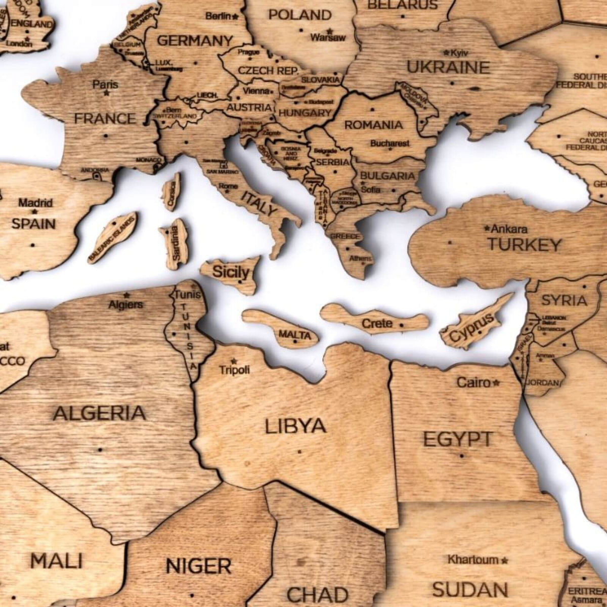 Wooden Europe and North Africa wall map with engraved country names and borders