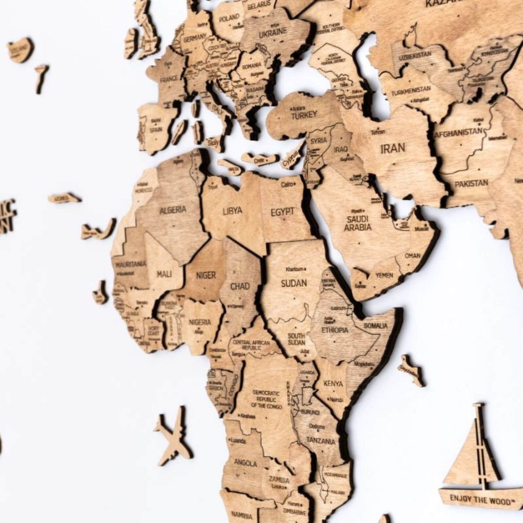 Laser-engraved wooden Africa wall map with country names and cutout islands