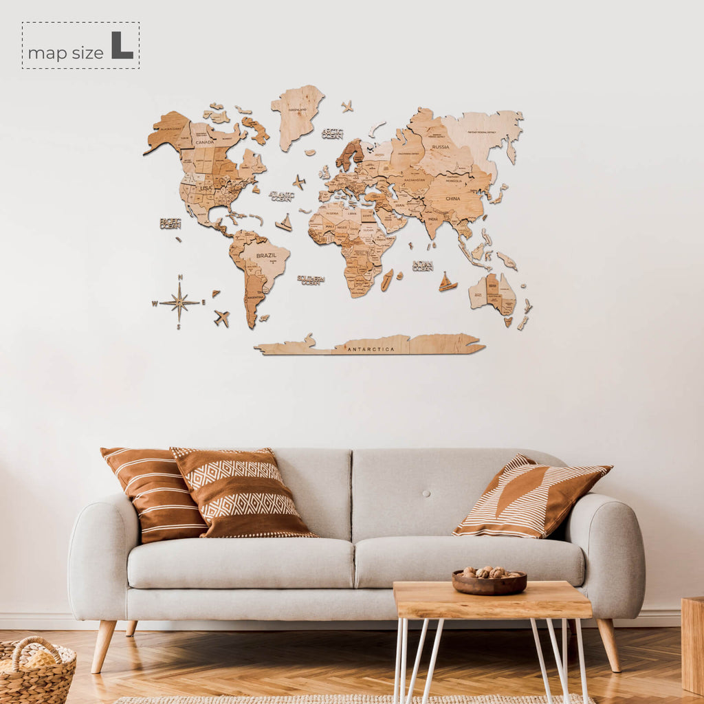 Wooden world map wall decor with engraved regions and small country-name plaques